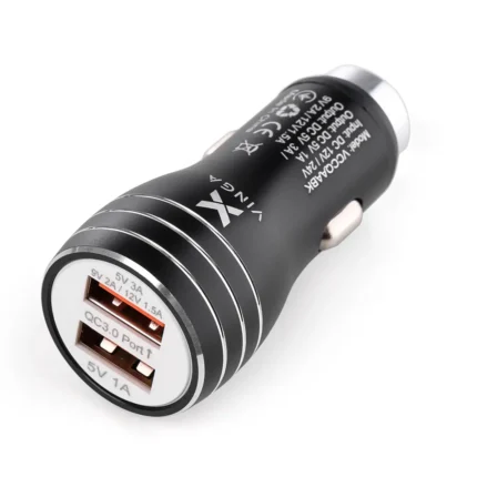 Фото 1. Автомобільний зарядний пристрій Vinga QC3 Quick Dual USB Car Charger aluminium 18W Max (VCCQAABK). Купити в maxmy.com.ua